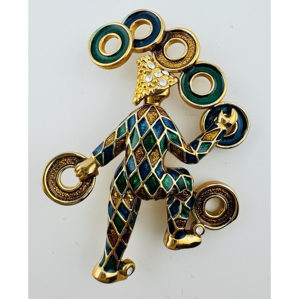 Vtg Jester Juggling Clown Gold Tone Brooch Harlequin Enamel Rhinestone Vibrant
